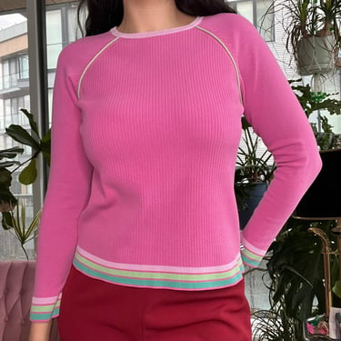 Pink long sleeve with striped green trim