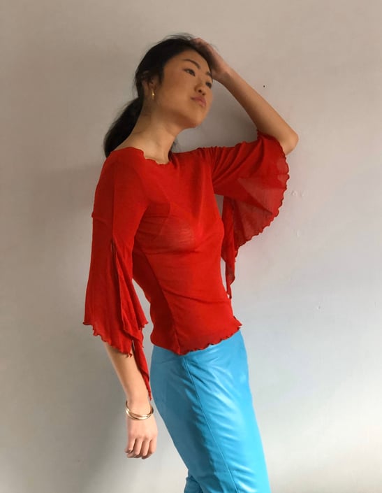 90s red mesh sheer top / vintage red sheer mesh bell flutter sleeve top tee T-shirt | XS S 