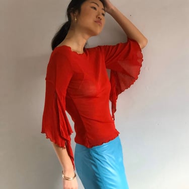 90s red mesh sheer top / vintage red sheer mesh bell flutter sleeve top tee T-shirt | XS S 