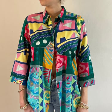 90s Ralph Lauren blouse / vintage vibrant multicolor abstract batik print brushed cotton Ralph Lauren 3/4 sleeve tunic shirt blouse | Large 