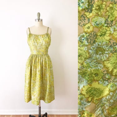 SIZE S 1950s Bright Floral Silk Twill Dress / 50s Hourglass Green & Yellow Floral Dress / Vintage Knee Length Wedding Guest Dress 