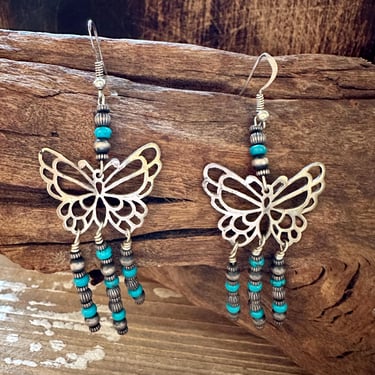 TURQUOISE BEADED BUTTERFLIES Sterling Silver Dangle Earrings | Butterfly Beaded Jewelry 