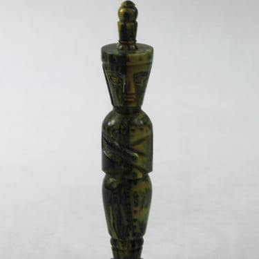 Art Deco Bakelite Perfume Bottle Carved Tiki Totem Blue Green Swirl 