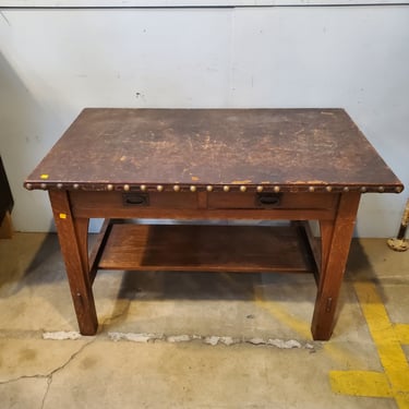 Craftsman Style Oak Table with Studded Leather Top