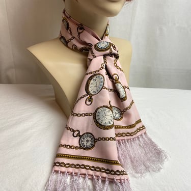 90’s Soft pale pink fringed scarf novelty print watches timepieces 1990’s fashion rayon long ascot style Women’s neck wear 