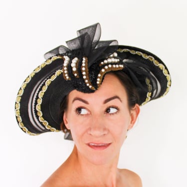 1980s Black Beaded Wide Hat | 80s Fancy Black Hat | Black Asymmetrical Hat | Gwenn Pennington Exclusives 