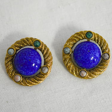 1980s Glass Cabochon Circle Pierced Earrings 