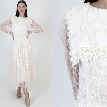 Sheer Pink Lace Deco Dress, Layered Victorian Collar, Antique Prom Gown, Womens Vintage 80s Midi 