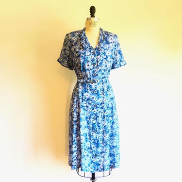 1940's Blue and White Rayon Floral Print Day Dress Button Front Belted Rockabilly Swing 40's Spring Summer Dresses  32