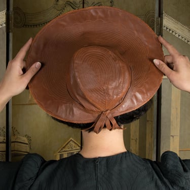 1940s Hat - High Fashion Brown Leather Halo Crown Vintage 40s Hat with Top Stitching 