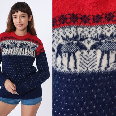 Wool Moose Sweater 80s Nordic Ski Sweater Boho Vintage Animal Sweater Norwegian Bohemian Crewneck Pullover 1980s Navy Blue Small S 