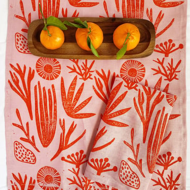 block printed linen napkins. sea things on blush pink. placemats / tea towels. boho home decor. palm beach. cactus. beach house. ocean. 