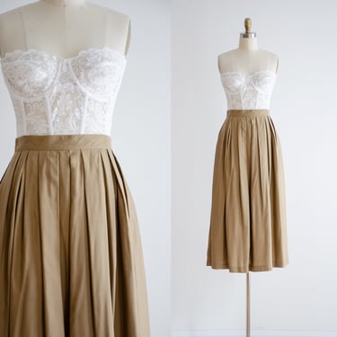 brown silk midi skirt | 70s 80s vintage tan light brown pleated fit and flare flowy midi skirt 