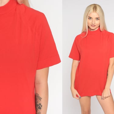 70s Mod Top Red Orange Shirt Retro Mock Neck Plain Blouse Basic Twiggy Short Sleeve Shirt Gogo Seventies Space Age Vintage 1970s Medium M 