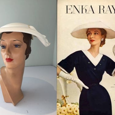 It'll Match With Everything! - Vintage 1950s White Fabric Clam Shell Wide Brim Hat 