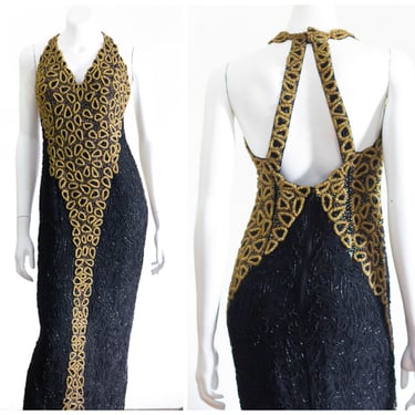Black and gold beaded silk gown SIZE S 