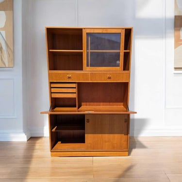 Vintage Teak Bookcase with Drop Front Desk, Mid-Century Modern Storage, Vintage Wooden Wall Unit 