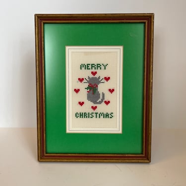 Vintage Framed Car Christmas Embroidery Needlepoint in Gilt Frame and Green Mat 