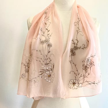 Vintage 50's 60's HANDPAINTED CHIFFON SCARF / Pretty Pastel Light Pink  / 44