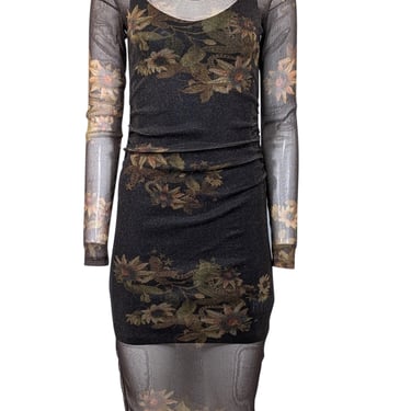 All Saints - Black & Gold Shimmering Floral Print Sheer Bodycon Dress Sz 2