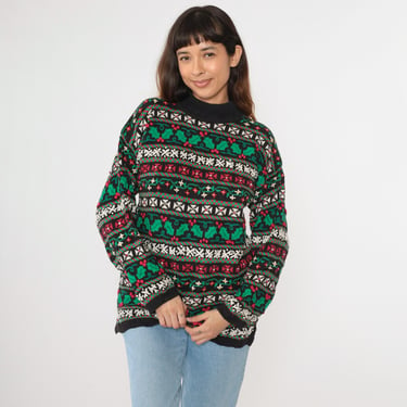 Vintage 90s Christmas Sweater Fair Isle Knit Holly Snowflake Pattern Black Green Red 1990s Mock Neck Ramie Cotton Talbots Petites Medium 