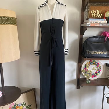 Vintage 60s Mod Striped Sailor Like Black and White Jumpsuit with Cullotte Pants; 70s Funky Bright Bold Polyester Long Sleeve Jumpsuit 