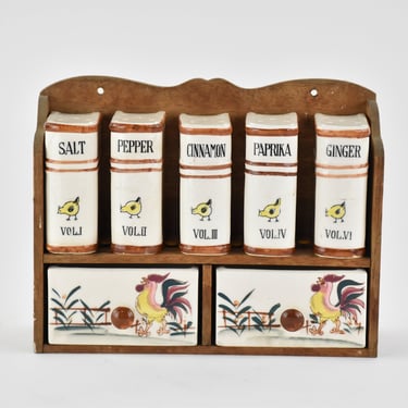 1950s Fred Roberts Company Rooster Wood Rack Spice Set 