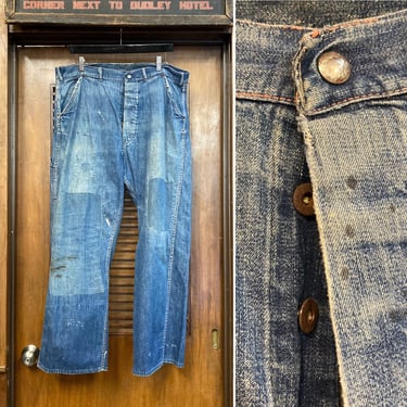 Vintage 1940’s Button Front Carpenter Farm Work Denim Jeans, W38, 40’s Workwear Jeans, 40’s Carpenter Jeans, Vintage Denim, Vintage Clothing 