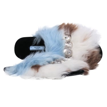 Prada - Cream & Blue Fur Upper Sandal w/ Large Silver Embellishment Sz 11