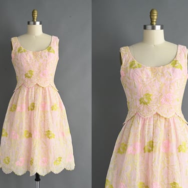 vintage 1950s Dress | Wilson Folmar Floral Embroidered Pink & Green Dress | Small 