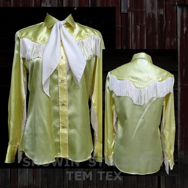 Tem Tex Vintage Western Cowgirl Shirt, Rodeo Queen Blouse, Shiny Lemon Yellow, White Fringe, 14-16, Approx. Medium (see meas. photo) 