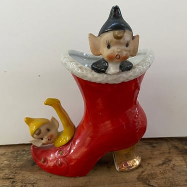 Vintage Christmas Boot With Pixies,  Playful Elves On Woman's Red Boot, Xmas Decor, Figurine, Boot Vase 