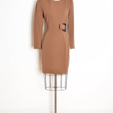 vintage 80s wrap dress TAHARI brown wool strong shoulder long sleeve mini S clothing 