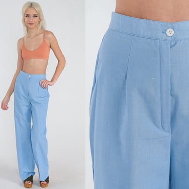 Blue Trousers 70s Straight Wide Leg Pants Retro High Waisted Rise Pleated Pants Seventies Creased Preppy Vintage 1970s Small 