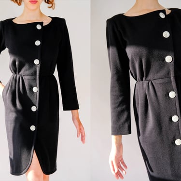 Vintage 80s Yves Saint Laurent Rive Gauche Black Broad Shoulder Wrap Dress w/ Rhinestone Buttons | Made in France | 1980s YSL Designer Dress 