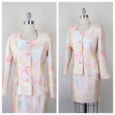 Vintage 1980s silk skirt suit, 2 piece set, geometric print, pastel, ladylike 