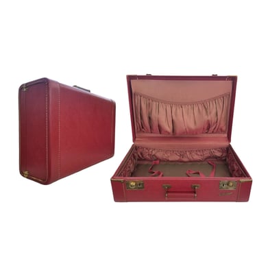 Vintage Dark Red Suitcase / 1940s Burgundy Luggage / Medium Size Hardbody Suitcase with Brass Hardware / Footed Hard Side Carlite Suitcase 