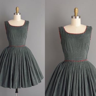 1950s vintage dress | Adorable Blue Green Corduroy Full Skirt Day Dress | Small | 50s dress 