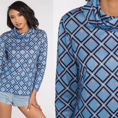 Geometric Turtleneck Shirt Blue Geometric Blouse 1970s Top Long Sleeve Boho Hippie 70s Funnel Neck Turtle Neck Top Vintage Extra Small xs 