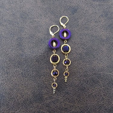 Long brass geometric earrings, brutalist earrings, mid century modern earrings bold statement, purple hematite, African Afrocentric earrings 