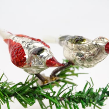 Antique Double Painted Glass Bird Christmas Clip On Ornament with 2 Birds , Spun Glass Tail, Antique Molded Glass 