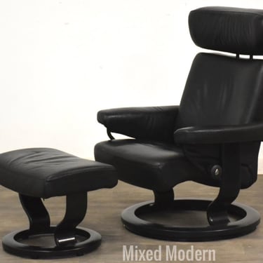 Black Leather Ekornes Stressless Recliner and Ottoman 