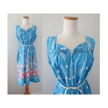 Vintage Mod Floral Print Dress 60s 70s Sleeveless Sundress House Dress Muumuu - Size Medium 