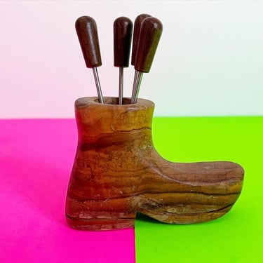 Wood Boot Pick Holder and Forks, Set of 5 