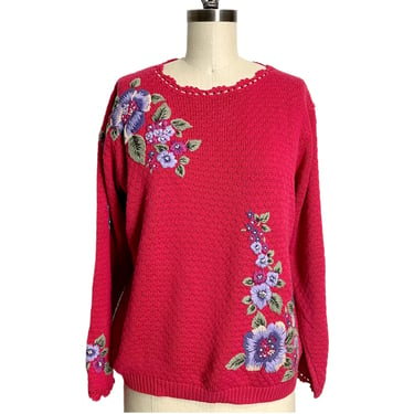 Pink floral embroidered pullover sweater - 1980s vintage - size M 