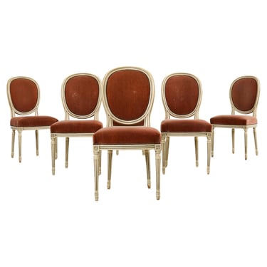 Set of Six French Louis XVI Style Painted Dining Chairs with Mohair