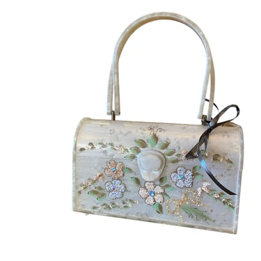 1950s lucite purse, hand painted, vintage 50s handbag, pearlescent white, beaded 3-D rhinestone flowers, rockabilly, mrs maisel, collectible 