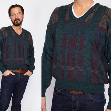 Medium 80s Forest Green Geometric Wool Knit Sweater | Vintage Striped Color Block V Neck Pullover 