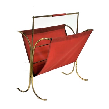 Vintage brass magazine rack with red vinyl, 1960s - mid century modern magazine rack - 1960s magazine holder - vintage magazine rack 