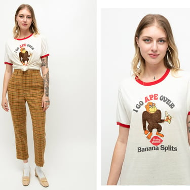 Vintage 1980s 80s Dairy Queen Banana Split Furry Monkey Animal Print Ringer T-Shirt Single Stitch 